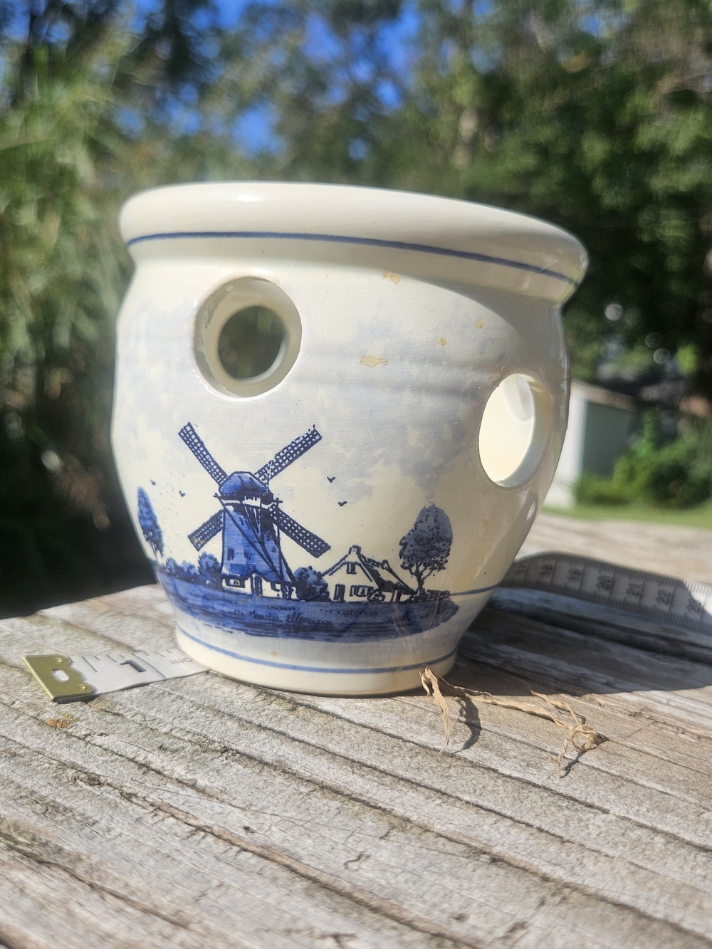 Vintage Rimac Delft Candle Holder Votive Ceramic w/ Cutout Circles Handpainted.